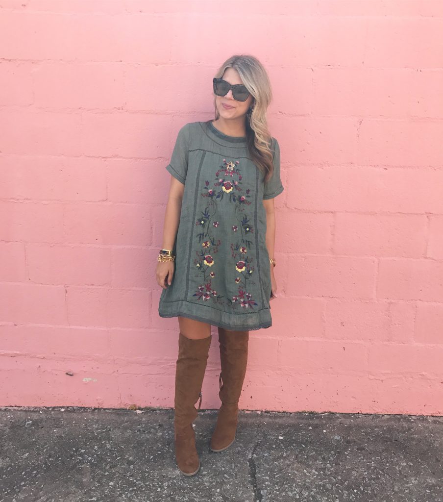 Fall Style, Embroidered Dress, Over The Knee Boots
