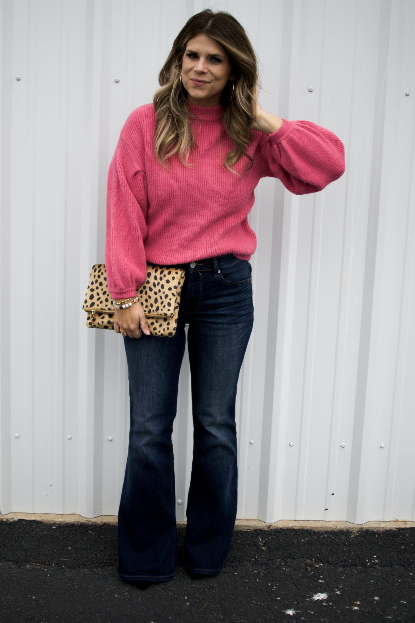 Pink Sweater, Flare Jeans, Leopard Clutch 