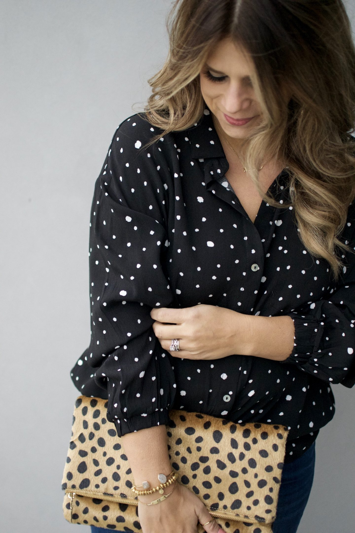 Stella & Dot, Polka Dot Blouse, Leopard Clutch