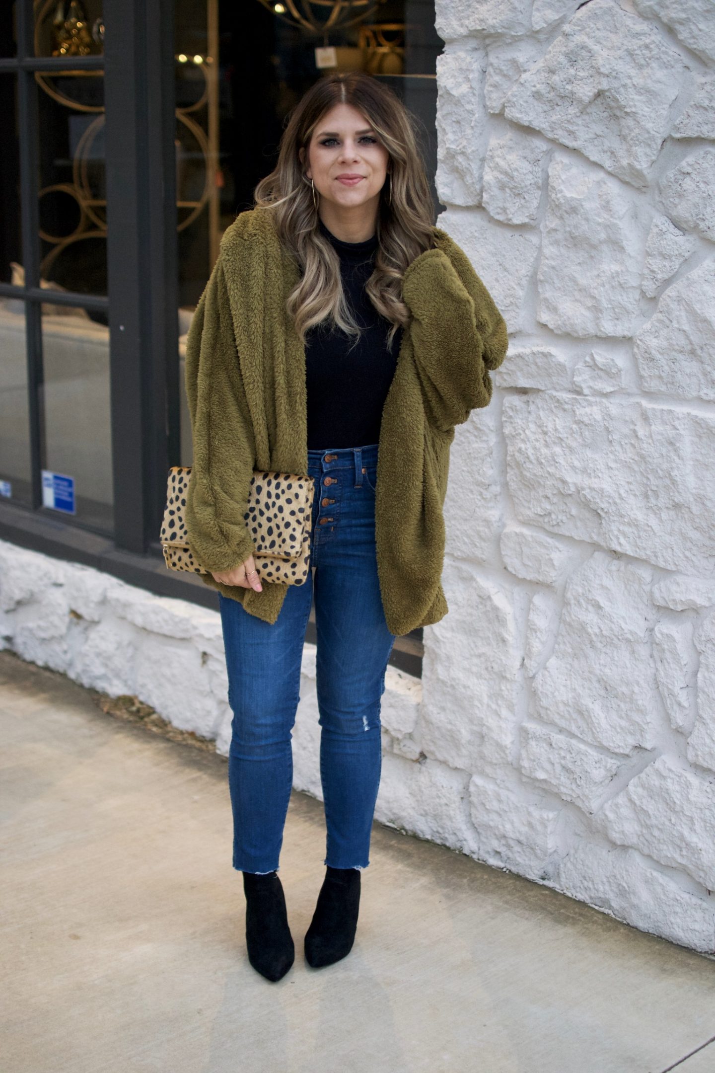 Olive, Teddy Bear Jacket, Coat, Winter Style, Sock Booties, Madewell, Leopard Clutch