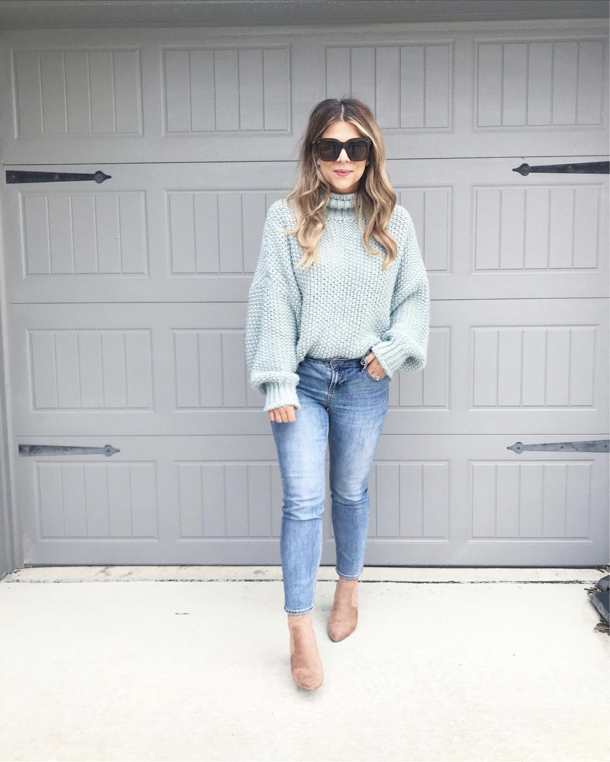 Chunky Sweater, Straight leg jeans, Steven Madden Booties, Sock Booties, Celine Sunglasses