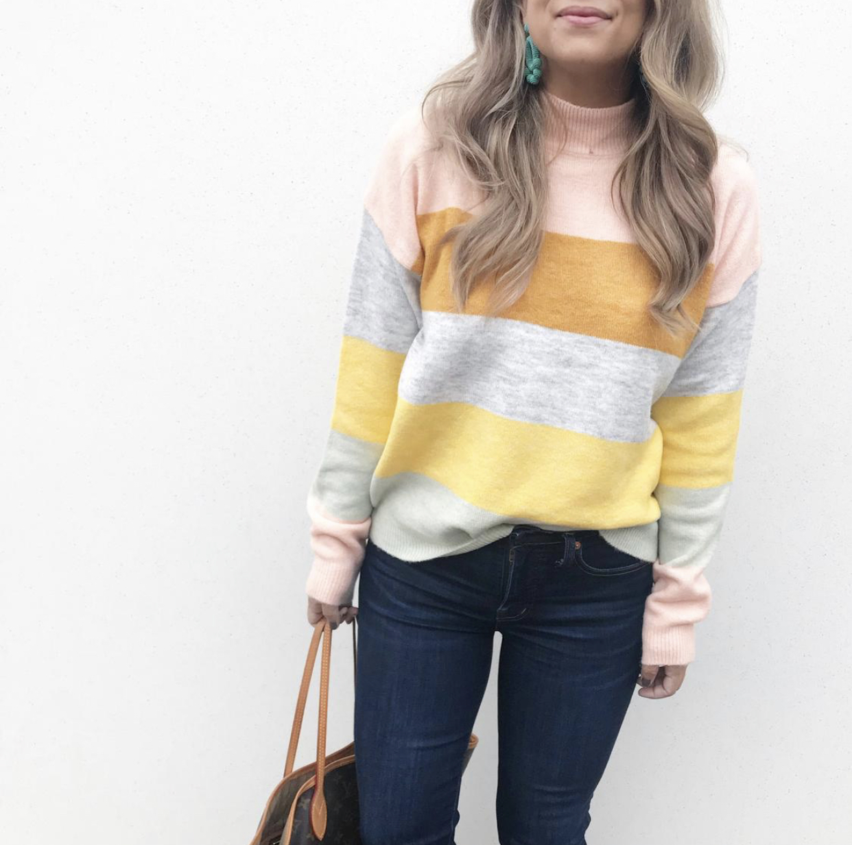 Color Block Sweater, How to Style a Spring Sweater, Madewell Jeans, Louis Vuitton Neverfull GM 