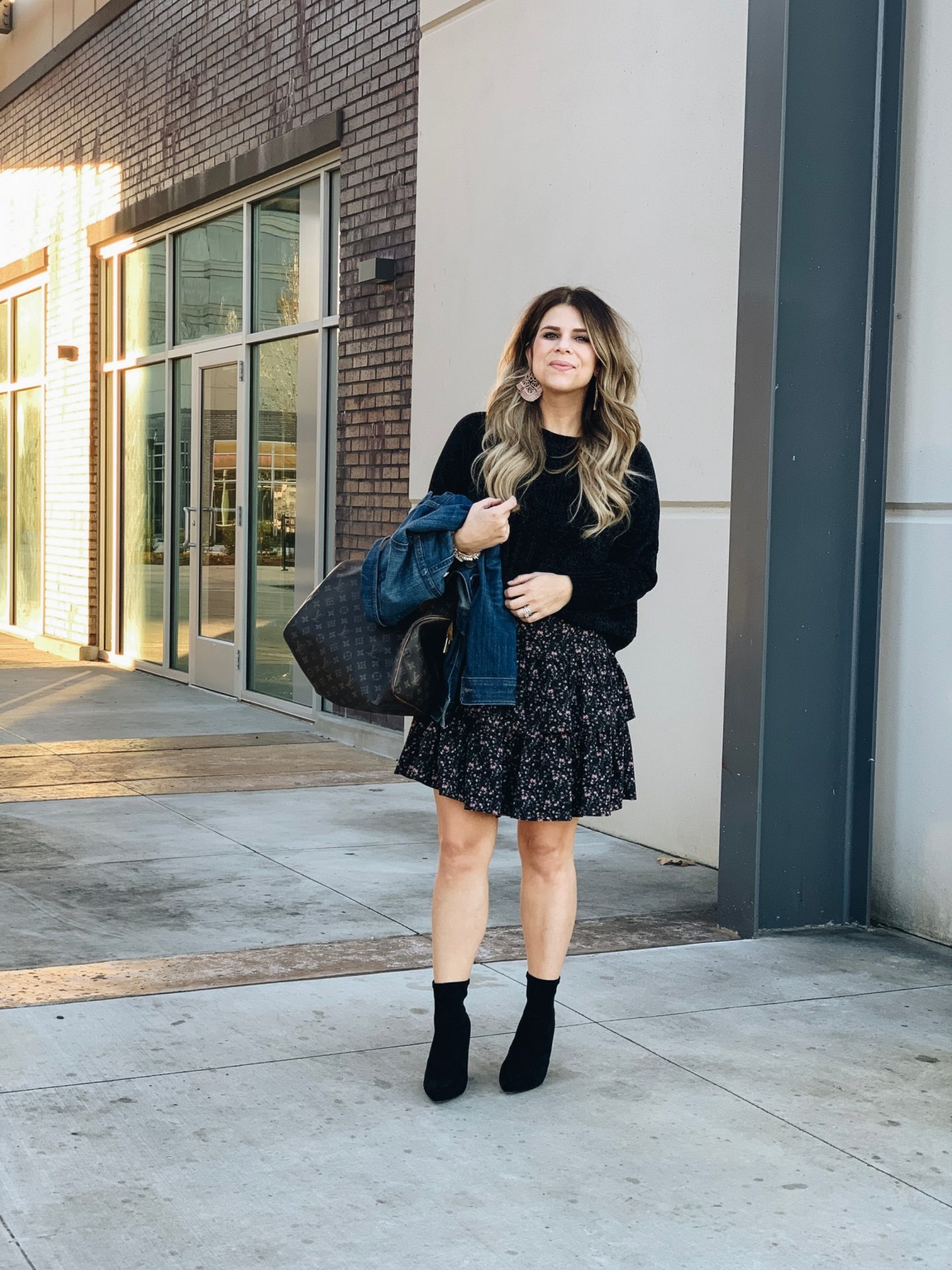 How To Style A Ruffle Skirt, How to Style Sock Booties, Speedy 35, Louis Vuitton, How to Style a Denim Jacket, Date Night Style, Statement Earrings, Stella & Dot 