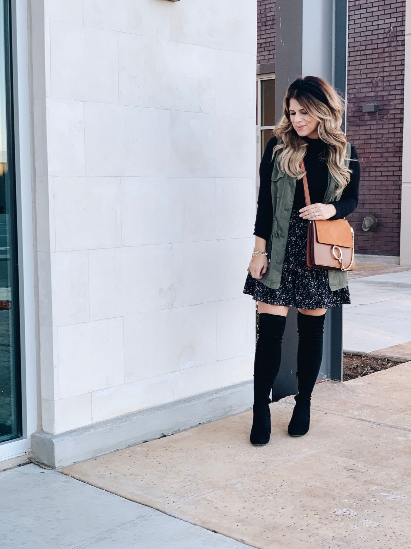 How To Style A Ruffle Skirt, Over The Knee Boots, Black Knot Headband, Chloe Faye Bag, Look for Less, Green Utility Vest 