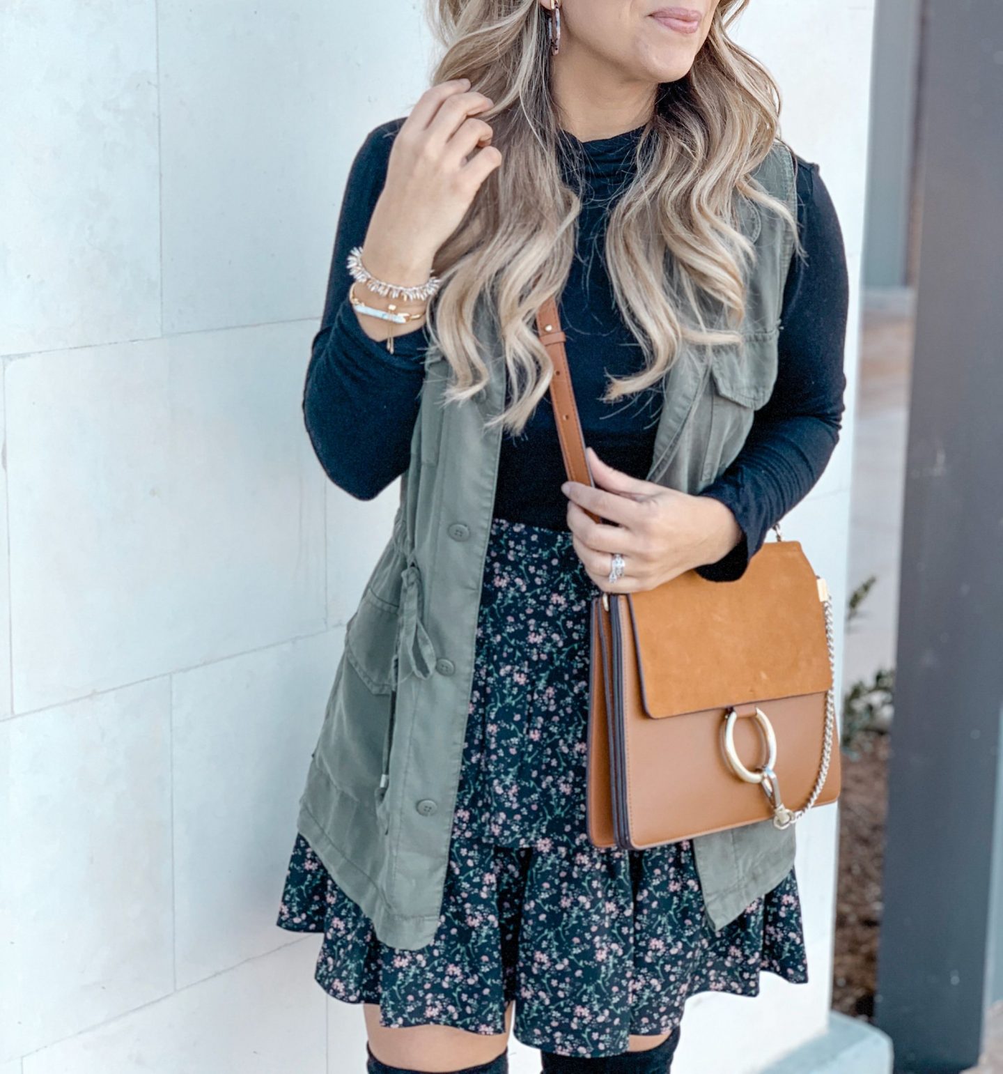 How To Style A Ruffle Skirt, Over The Knee Boots, Black Knot Headband, Chloe Faye Bag, Look for Less, Green Utility Vest, Stella & Dot 
