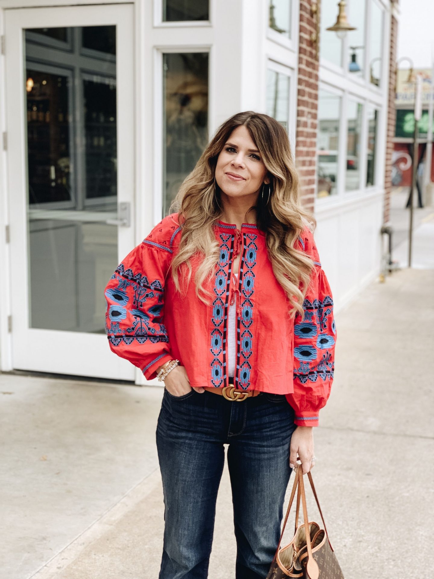 Boho Style, Embroidered Jacket, Flare Jeans. Neverfull GM, Stella & Dot 