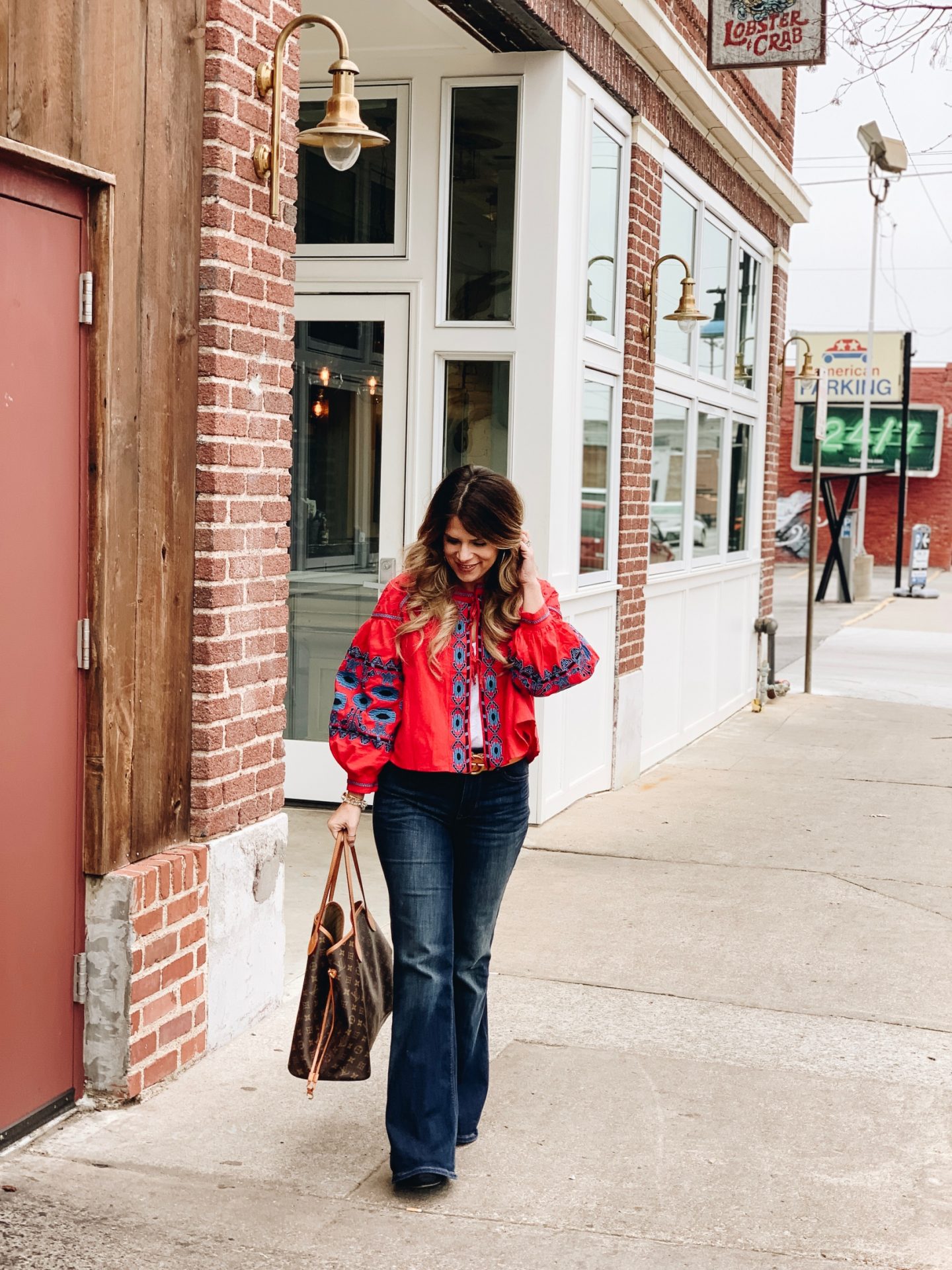 Boho Style, Embroidered Jacket, Flare Jeans. Neverfull GM, Stella & Dot 