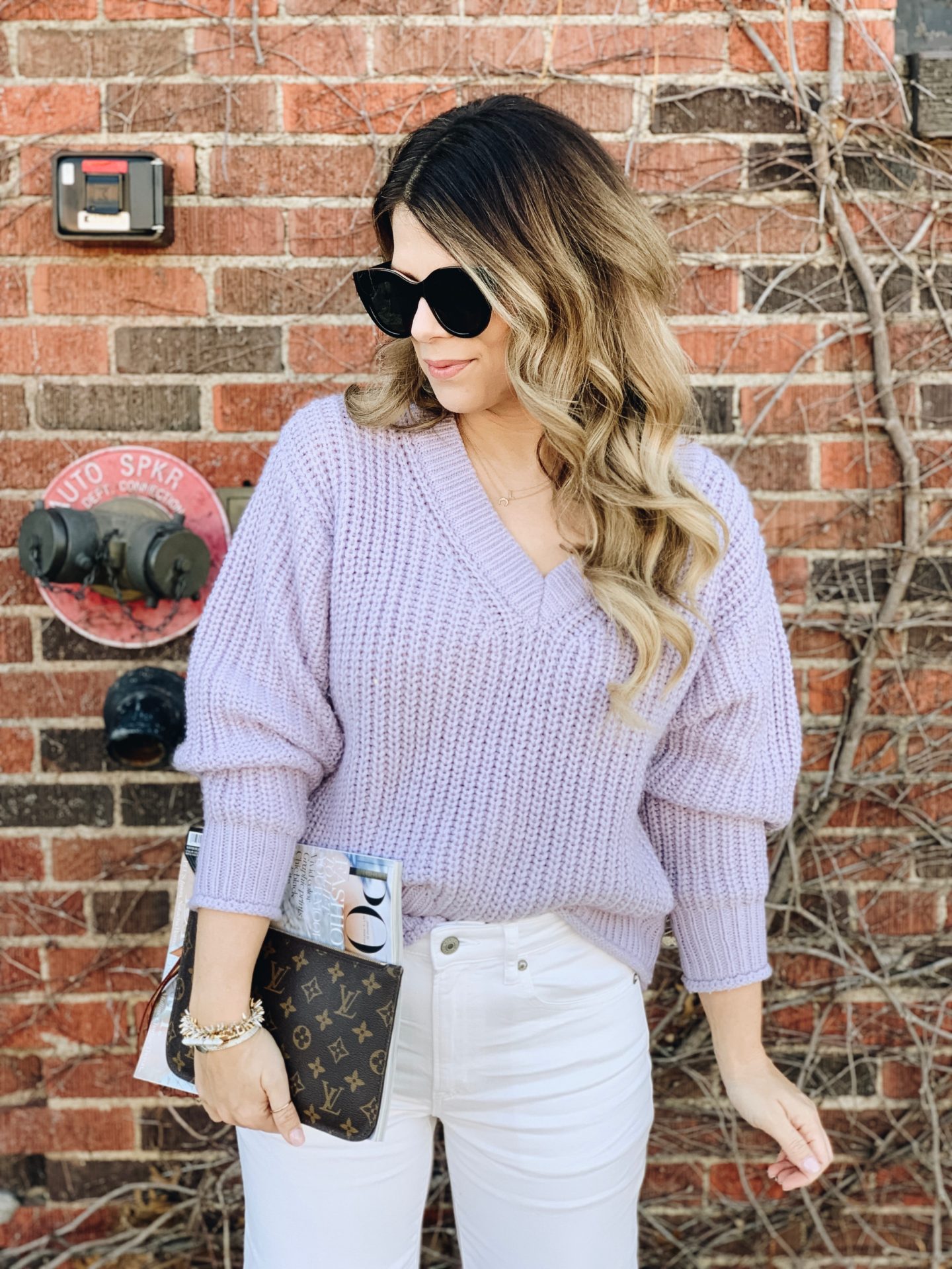 How to style white denim for Winter, Winter Style, White Jeans, Le Specs Air Heart, Neverfull GM, Lavender Sweater 