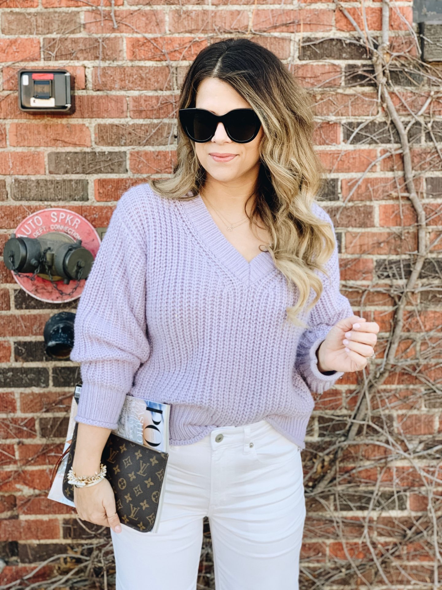 How to style white denim for Winter, Winter Style, White Jeans, Le Specs Air Heart, Neverfull GM, Lavender Sweater 