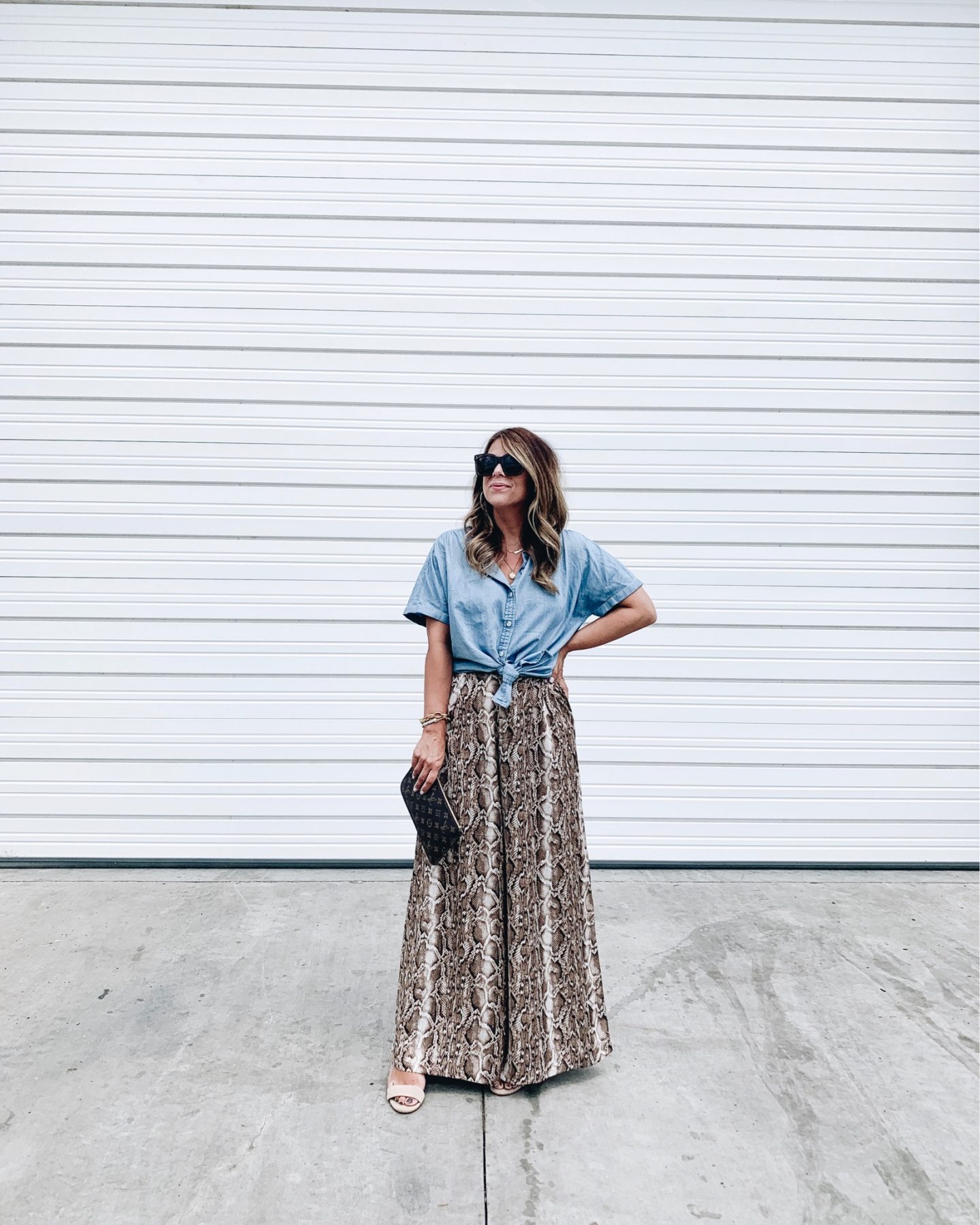 Chambray top, Wide leg pants, Snakeskin 