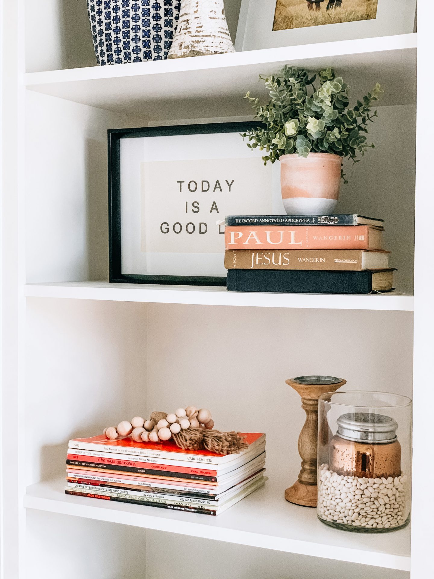 Home office, boho decor, ginger jar, office, gold lights, home decor, office design, anthropologie home, Target Home, Built ins, Shelf Decor