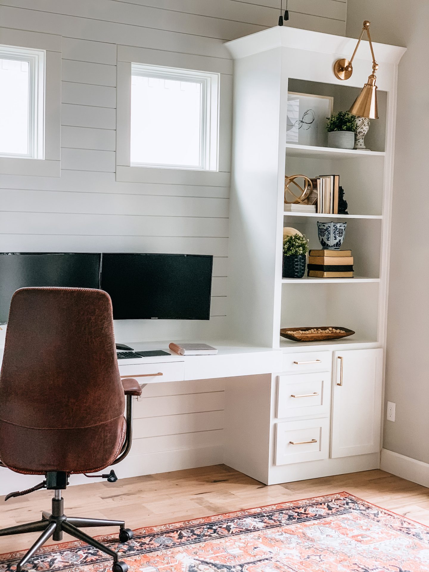 Home office, boho decor, ginger jar, office, gold lights, home decor, office design, anthropologie home, Target Home, Built ins, Shelf Decor