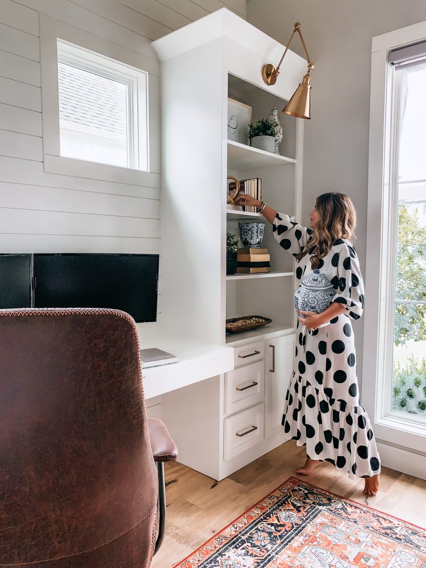 Home office, boho decor, ginger jar, office, gold lights, home decor, office design, anthropologie home, Target Home, Built ins, Shelf Decor