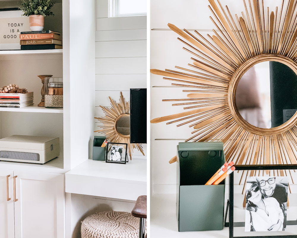 Home office, boho decor, ginger jar, office, gold lights, home decor, office design, anthropologie home, Target Home, Built ins, Shelf Decor