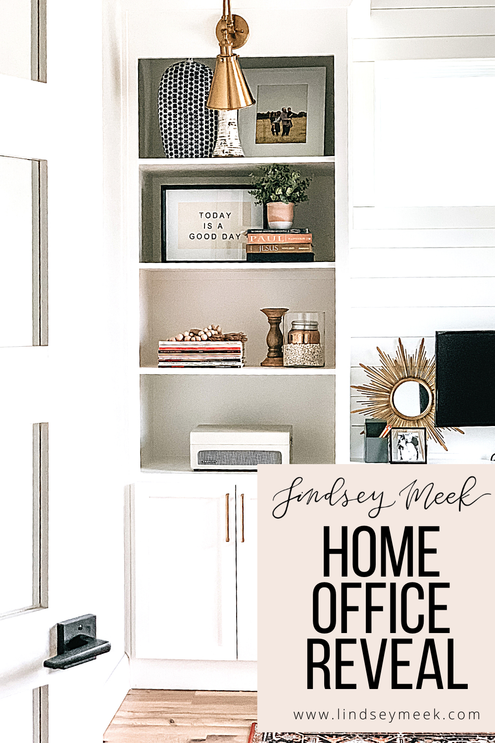 Home office, boho decor, ginger jar, office, gold lights, home decor, office design, anthropologie home, Target Home, Built ins, Shelf Decor