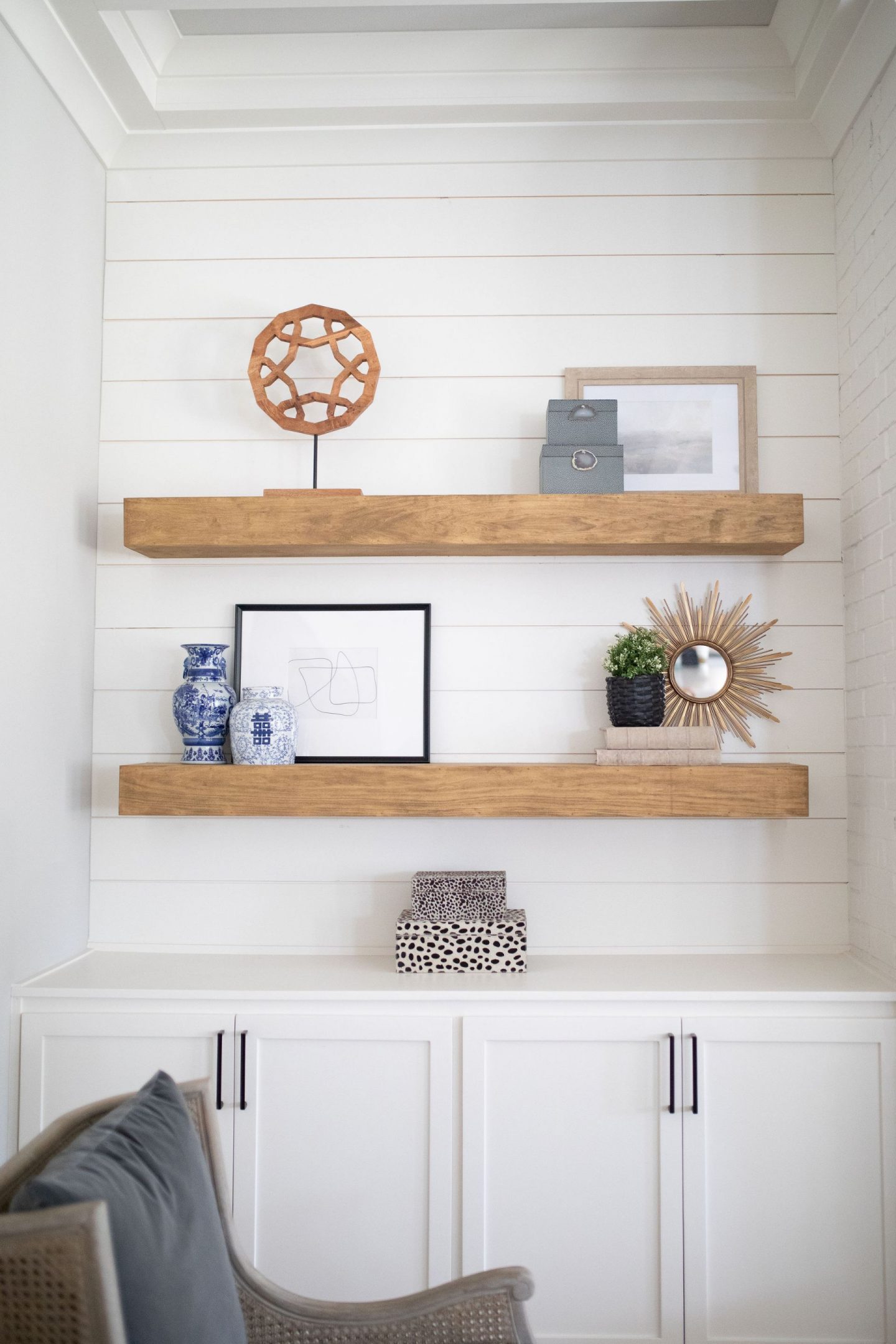 Living room design, Luxe Furniture, Classic decor, french country, eclectic decor, home decor, white couch , built ins, white brick fireplace, floating shelves, 