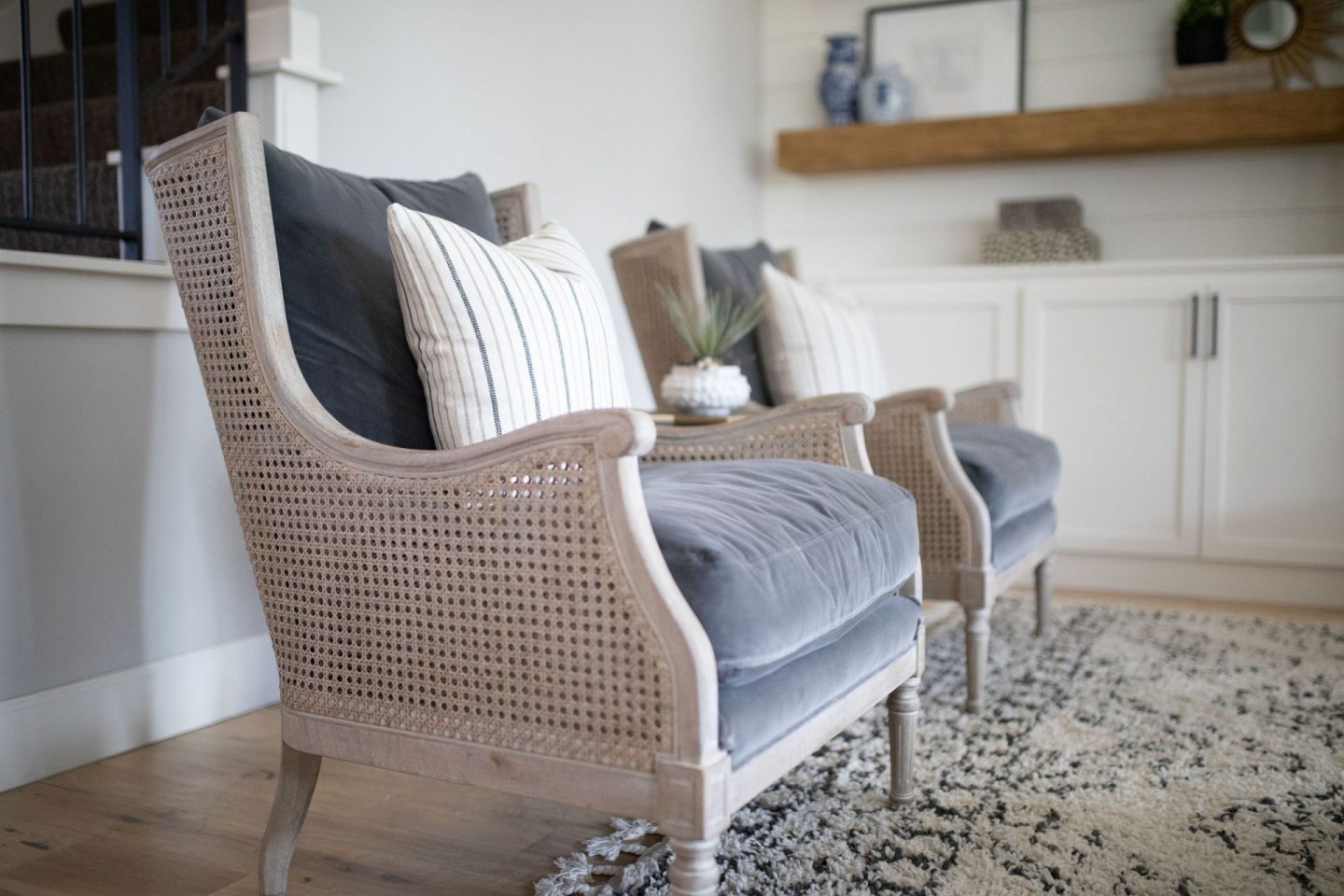 Living room design, Luxe Furniture, Classic decor, french country, eclectic decor, home decor, white couch , built ins, white brick fireplace, floating shelves, 